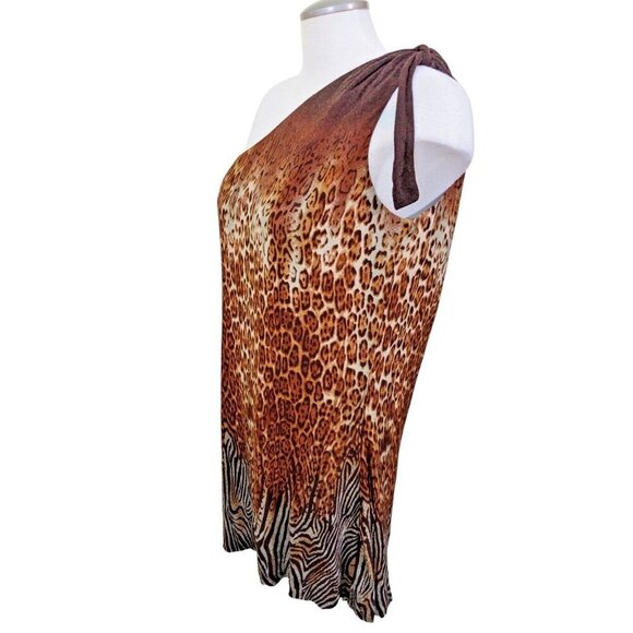 Bianca Nygard NEW One Shoulder Mini Dress Size 14 Leopard Print Brown Party Date - Picture 2 of 8